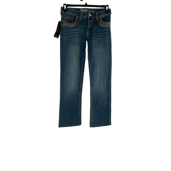 Wrangler Rock 47 Jeans Women 28X30 Low Rise Rhinestone Pocket Whiskers Denim NWT - Picture 4 of 12